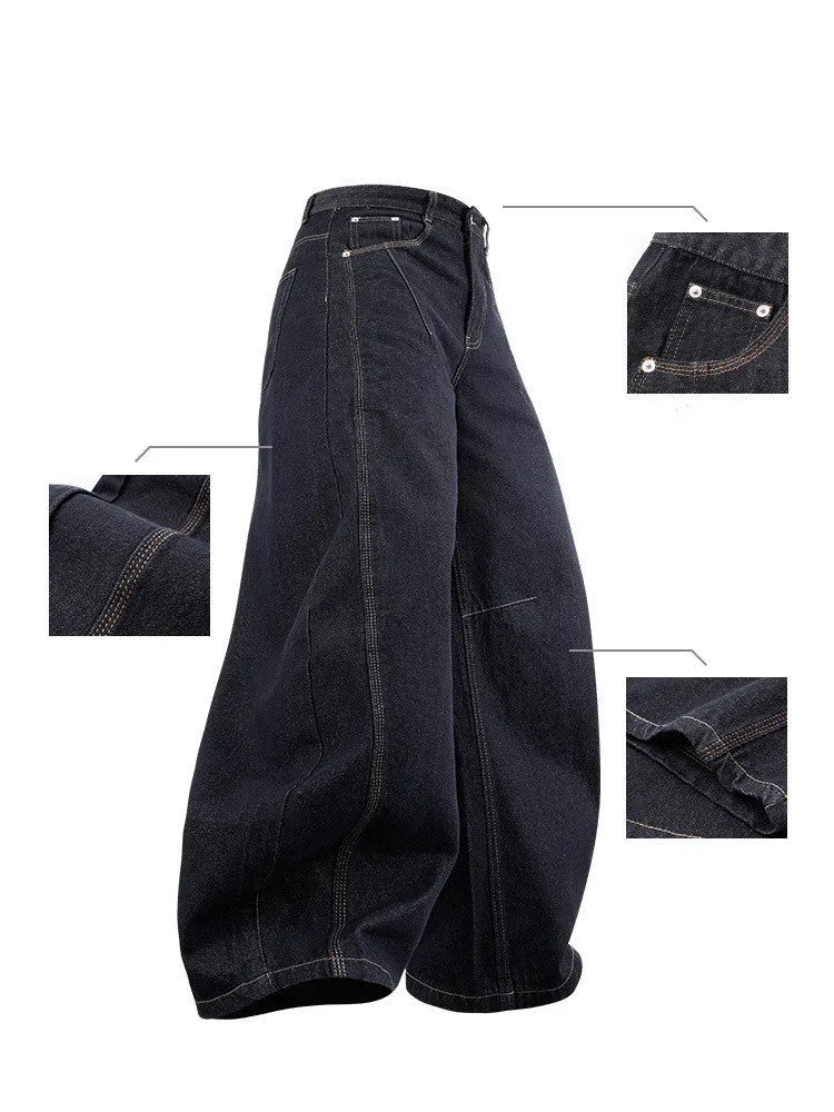 Men's wide leg denim trousers in original cow colour showing mid waist design and straight leg cut
