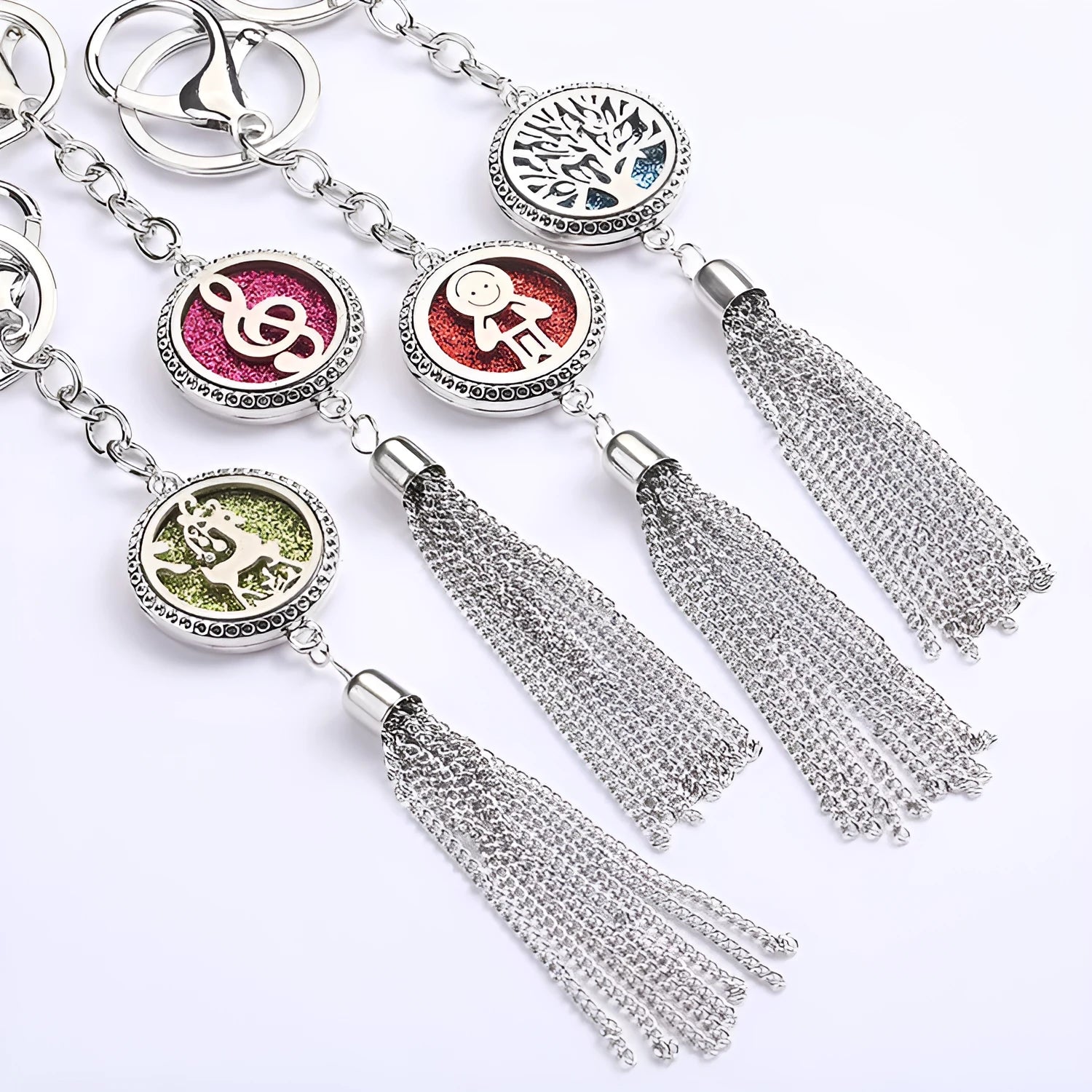 Alloy tassel aromatherapy car pendant with chain and essential oil diffuser compartment in multiple colour options