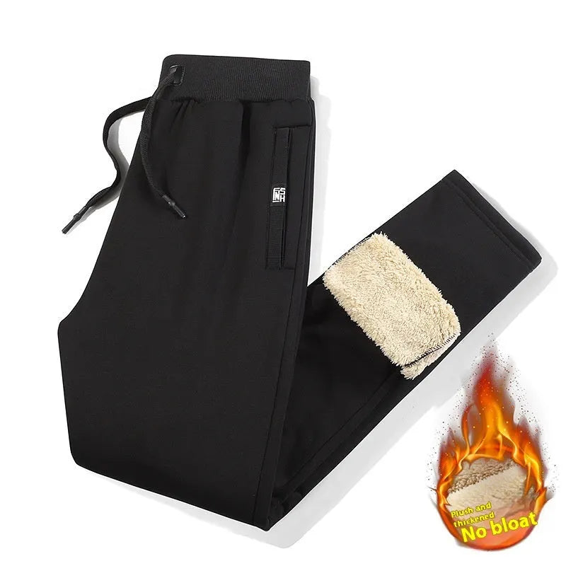 Men's grey fleece-lined track pants with elastic waistband shown flat