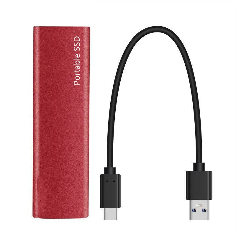 Portable external SSD with metal casing in red colour, shown alongside other colour options.