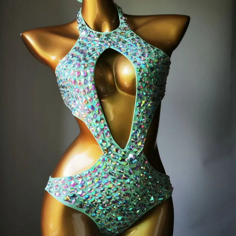 Mesh diamond pattern one-piece swimsuit in army green colour