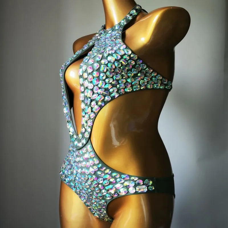 Mesh diamond pattern one-piece swimsuit in army green colour