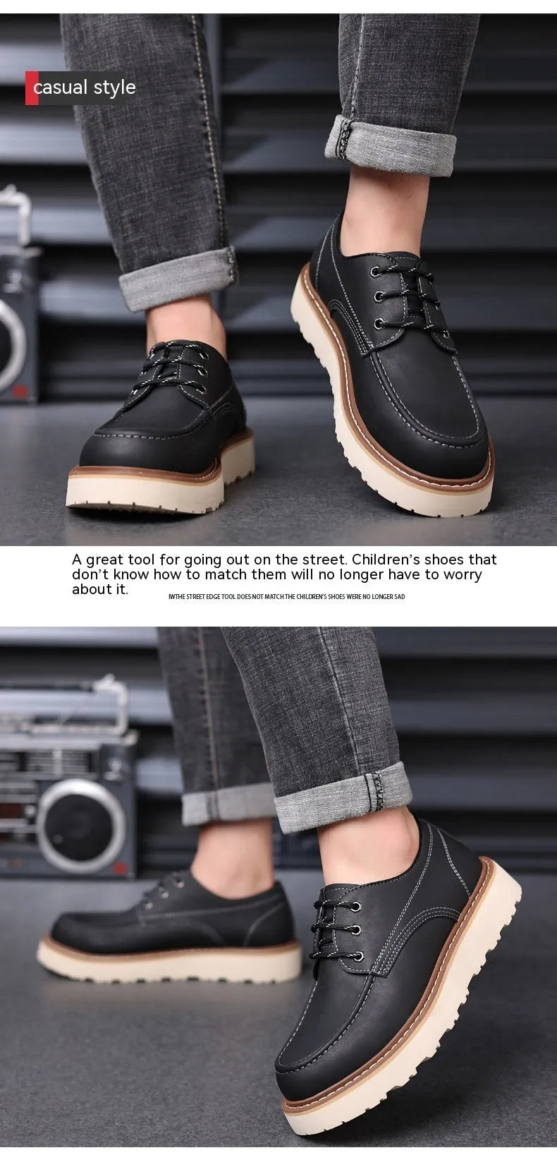 Men's black low-top Martin boots with round toe and rubber sole on a neutral background.