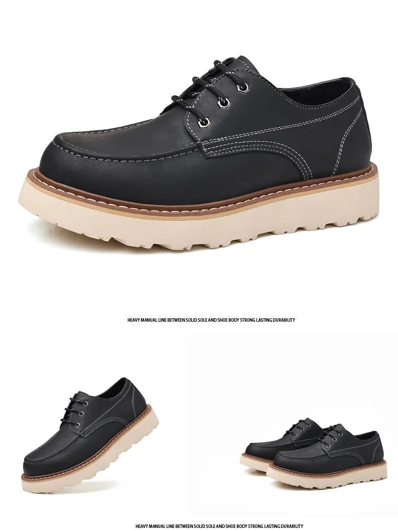 Men's black low-top Martin boots with round toe and rubber sole on a neutral background.