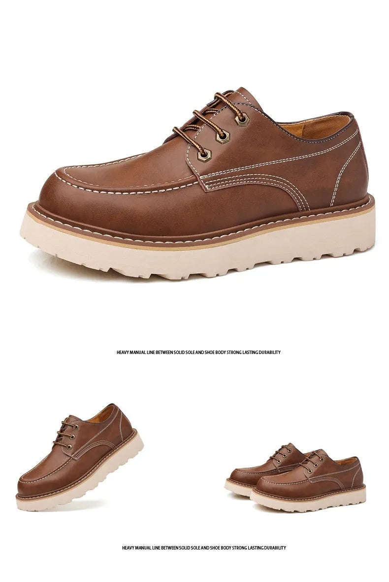 Men's black low-top Martin boots with round toe and rubber sole on a neutral background.