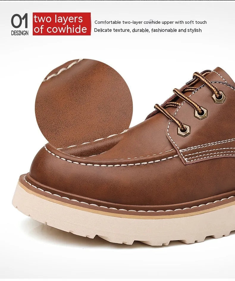 Men's black low-top Martin boots with round toe and rubber sole on a neutral background.