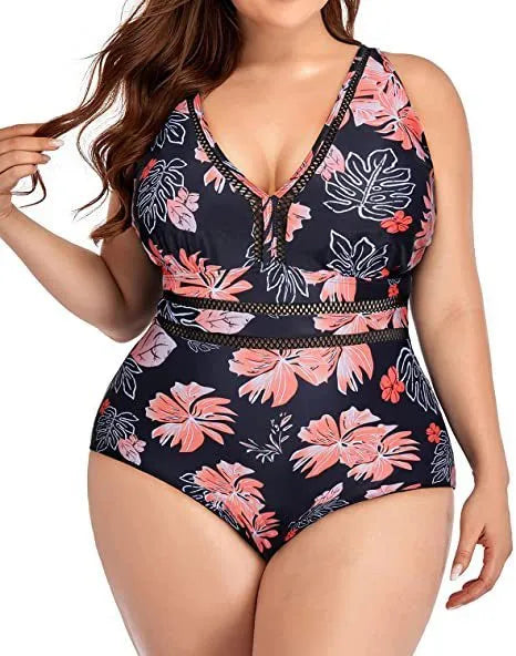Black printed plus-size women's bikini with mesh stitching, sizes S to 5XL.