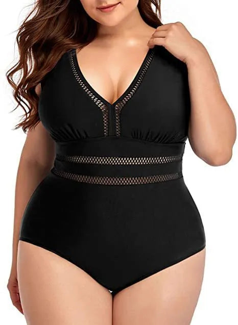 Black printed plus-size women's bikini with mesh stitching, sizes S to 5XL.