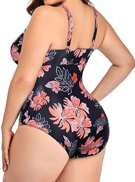 Black printed plus-size women's bikini with mesh stitching, sizes S to 5XL.