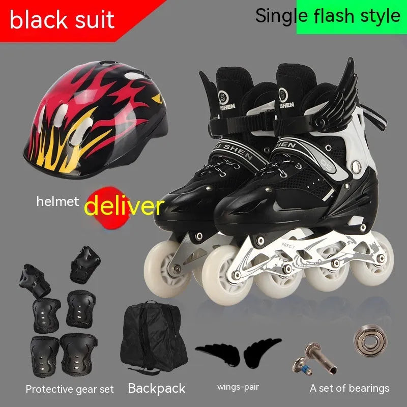 Children's adjustable inline skates with aluminium frame and protective gear set in multiple colours