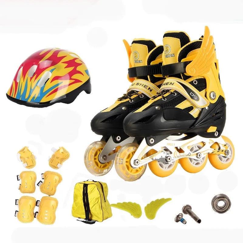 Children's adjustable inline skates with aluminium frame and protective gear set in multiple colours