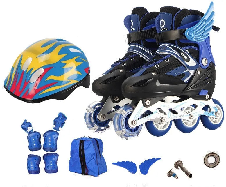 Children's adjustable inline skates with aluminium frame and protective gear set in multiple colours