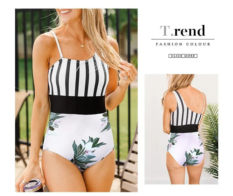 Leopard print one-piece swimsuit for women with asymmetric collar and high-waist triangle cut.