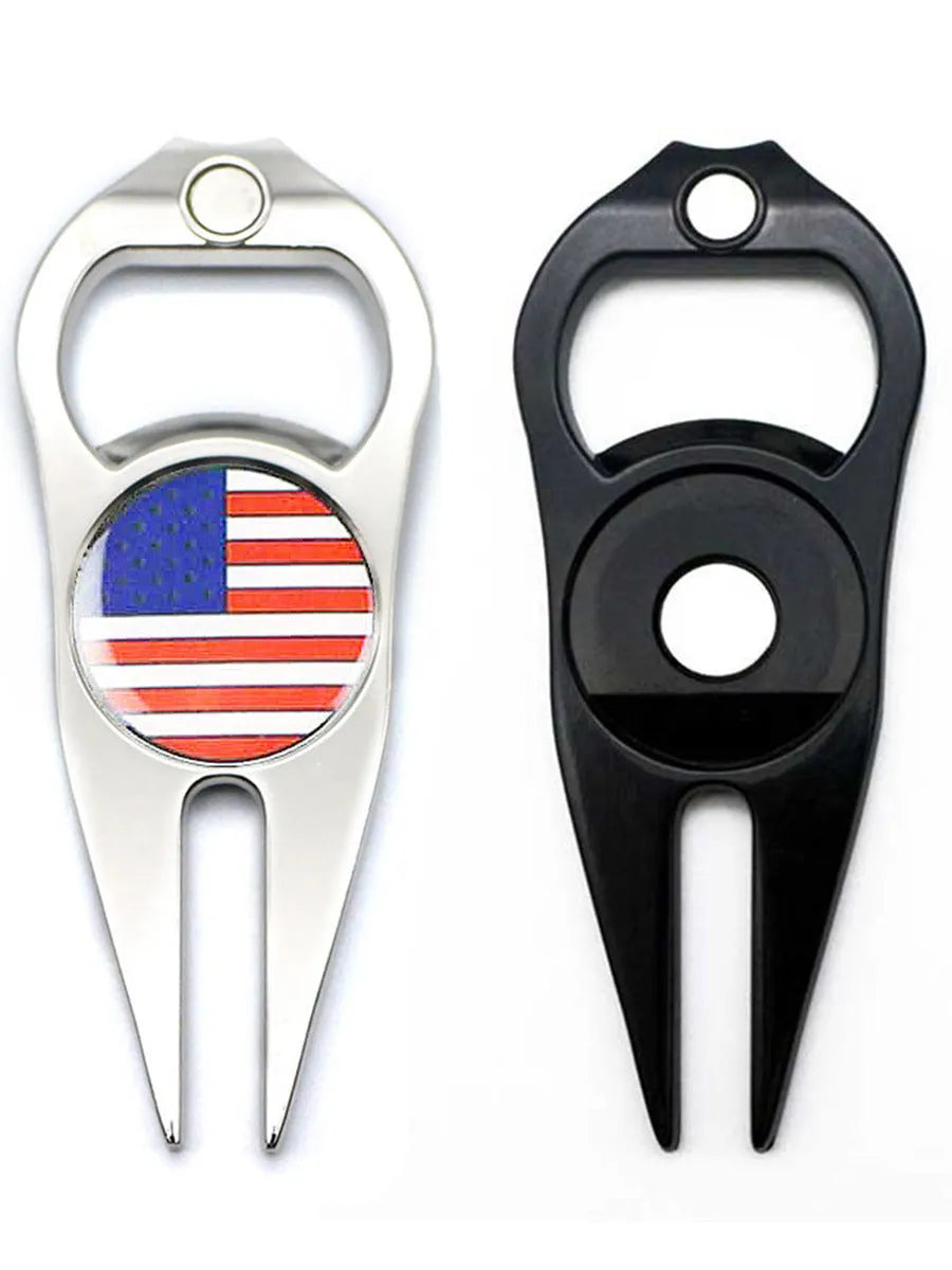 Zinc alloy golf ball yoke and bottle opener tool in black, green or silver with 88mm dimensions