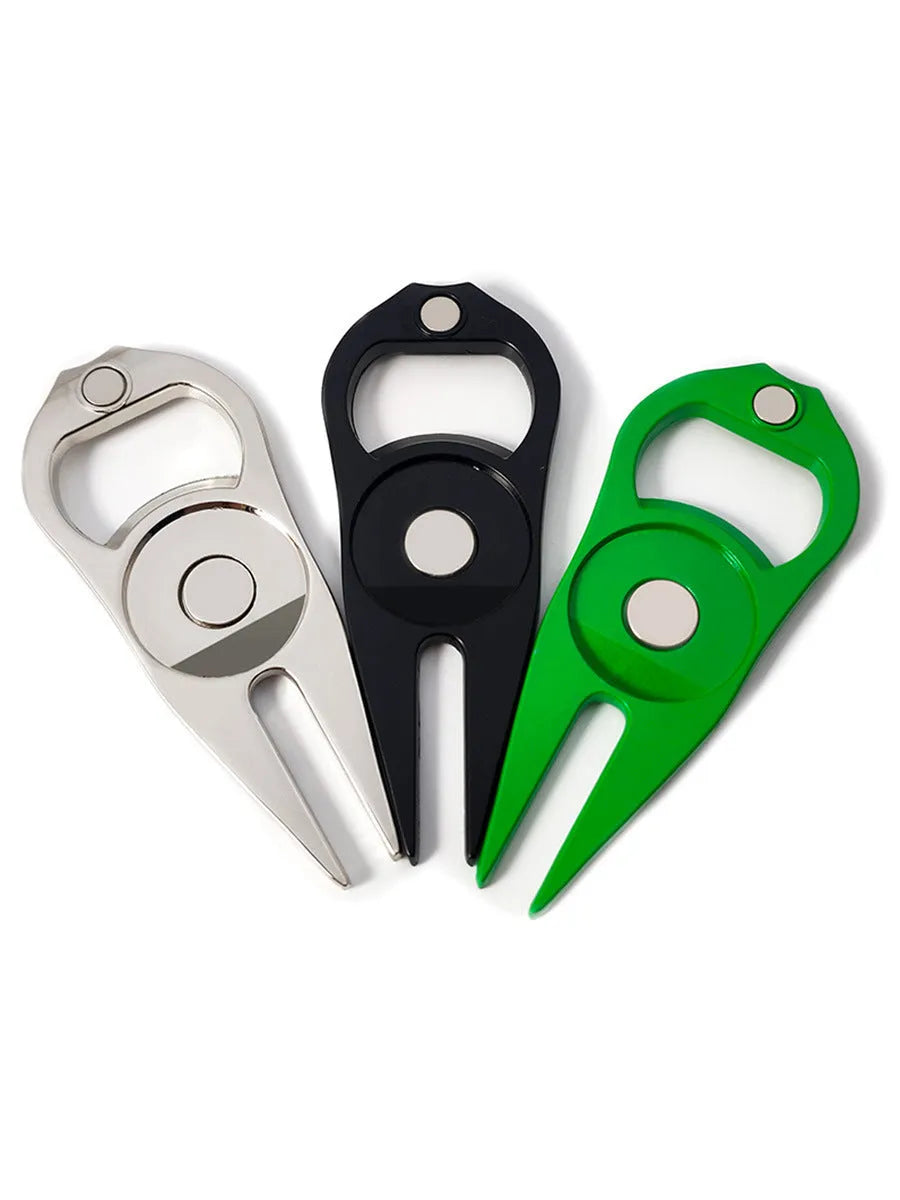 Zinc alloy golf ball yoke and bottle opener tool in black, green or silver with 88mm dimensions