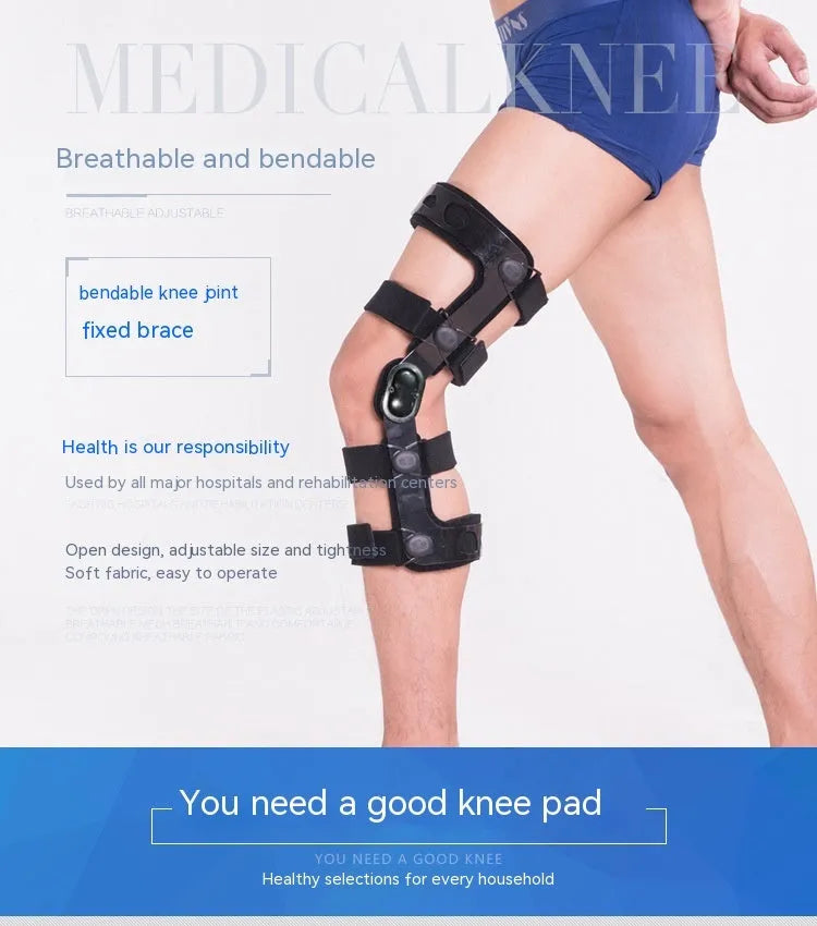 Black anterior ligament knee support brace with visible hinges, shown in various size options.
