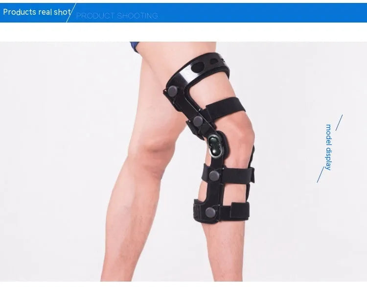 Black anterior ligament knee support brace with visible hinges, shown in various size options.
