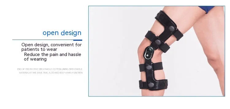 Black anterior ligament knee support brace with visible hinges, shown in various size options.