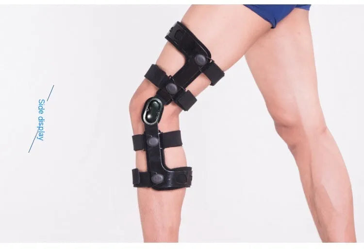 Black anterior ligament knee support brace with visible hinges, shown in various size options.