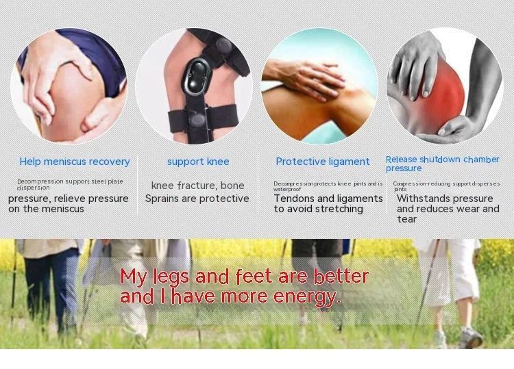 Black anterior ligament knee support brace with visible hinges, shown in various size options.