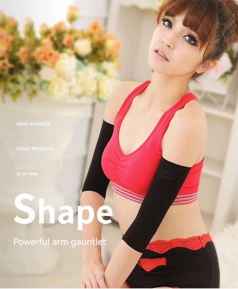 Women's black and skin tone shaping arm sleeves made from nylon fabric for upper arm coverage