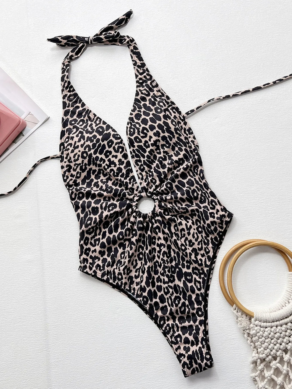Leopard print women's one-piece swimsuit with hollow-out ring design detail