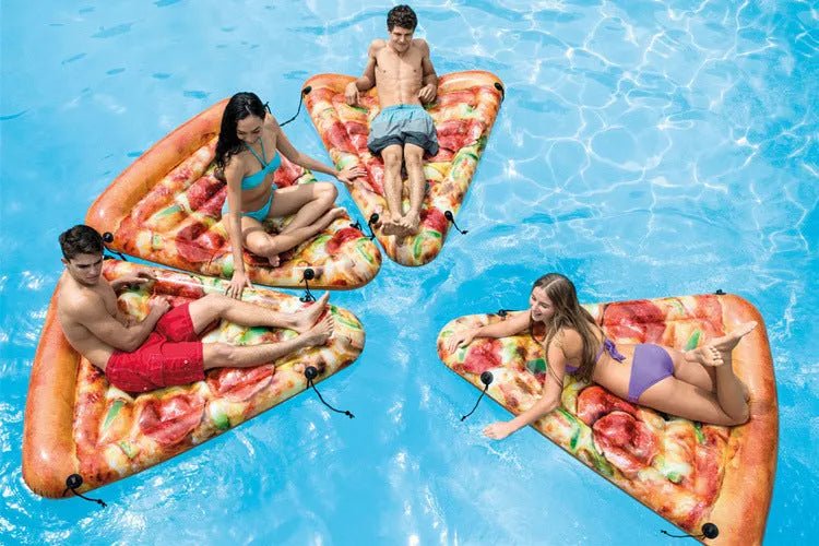 Pizza-themed inflatable surfboard recliner measuring 175cm by 145cm for pool lounging