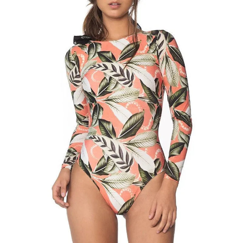 Women's backless one-piece swimsuit with a tropical leaf floral print in a conservative style.