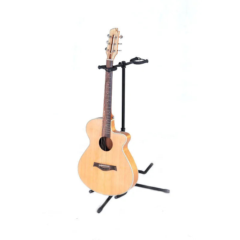 Black vertical double-headed adjustable guitar stand holding two guitars upright
