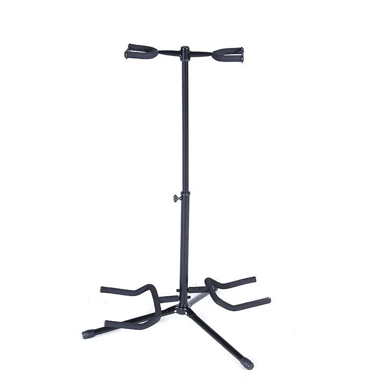 Black vertical double-headed adjustable guitar stand holding two guitars upright