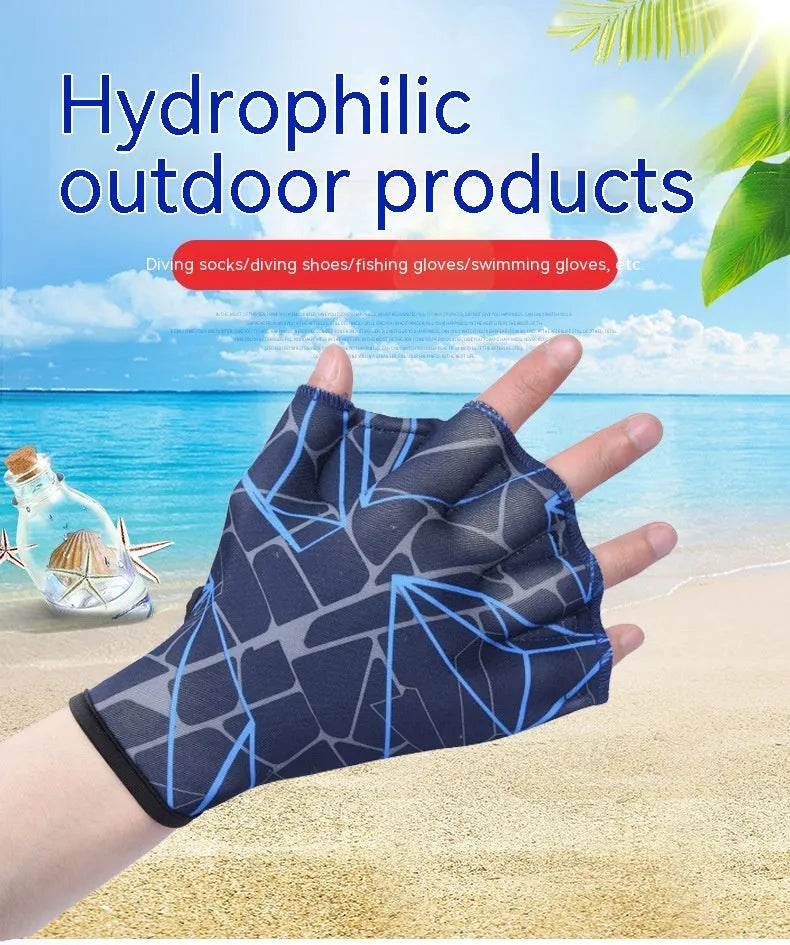 Duck feet webbed swimming gloves in nylon with colour print options and sizes S, M, L