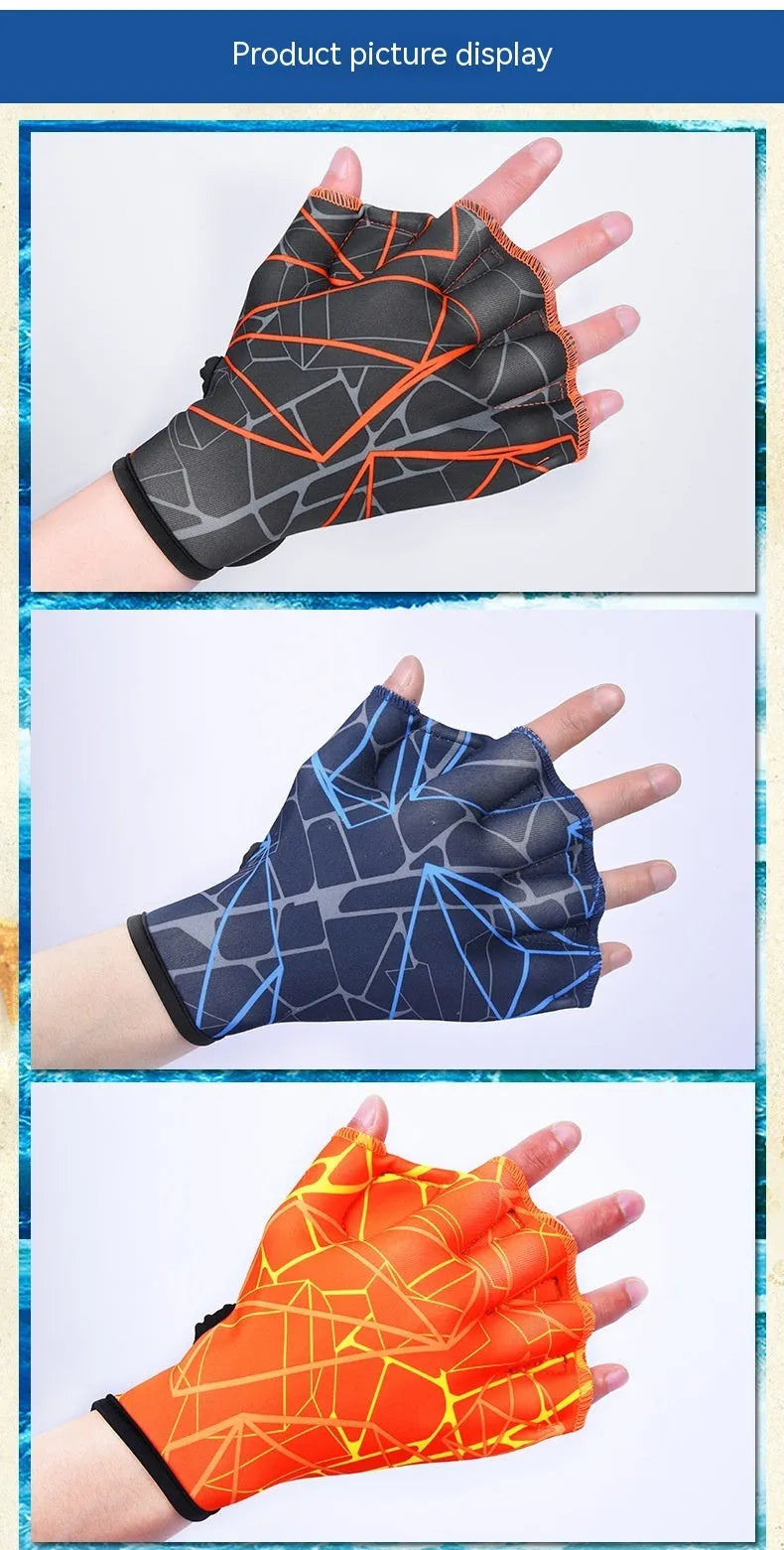 Duck feet webbed swimming gloves in nylon with colour print options and sizes S, M, L