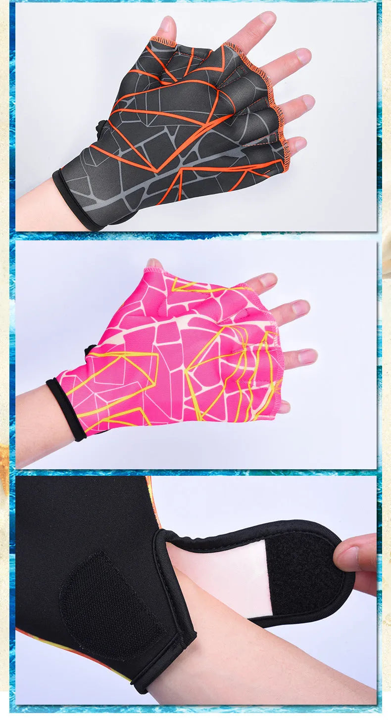 Duck feet webbed swimming gloves in nylon with colour print options and sizes S, M, L