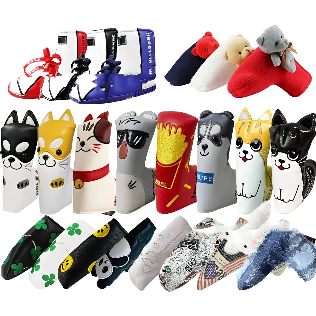 Golf putter sleeve in various novelty designs including bear, skull, and animal prints