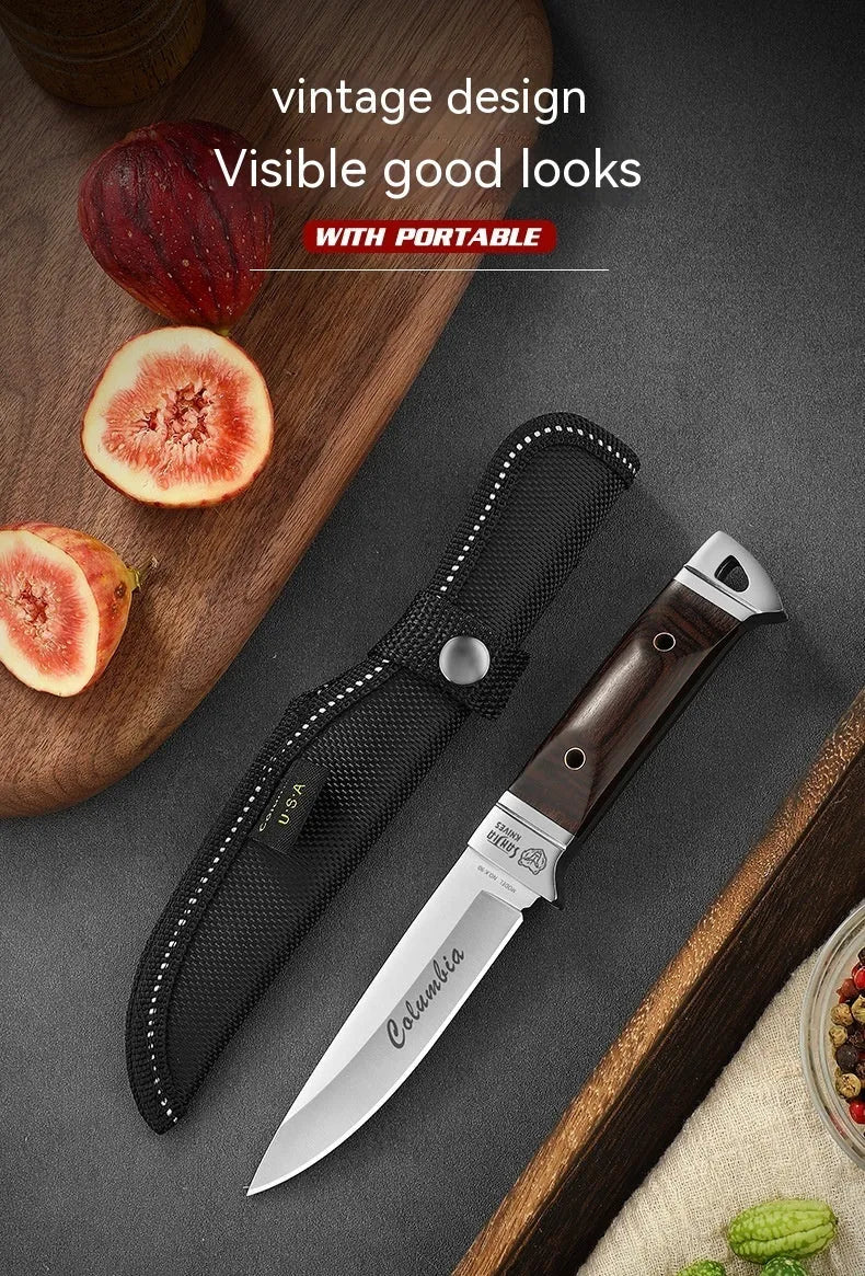 Camping portable fruit knife with leather case showing stainless steel blade and national style design