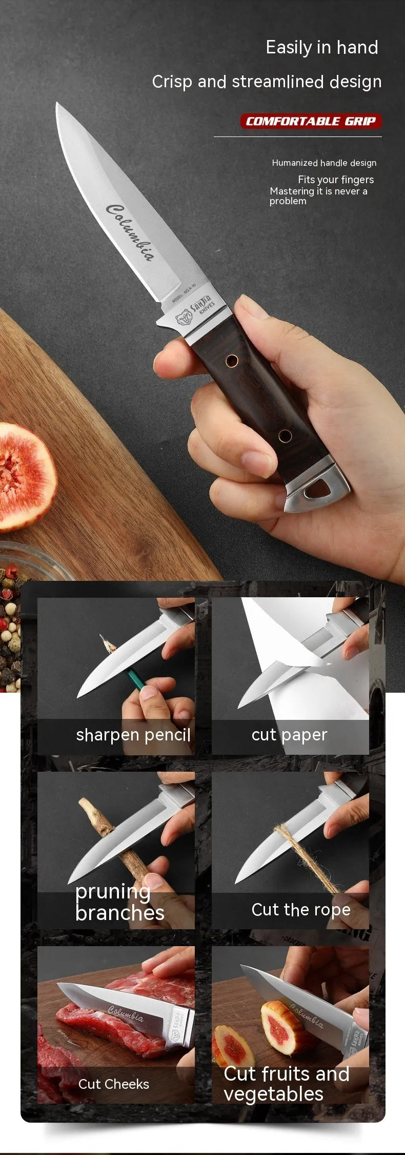 Camping portable fruit knife with leather case showing stainless steel blade and national style design