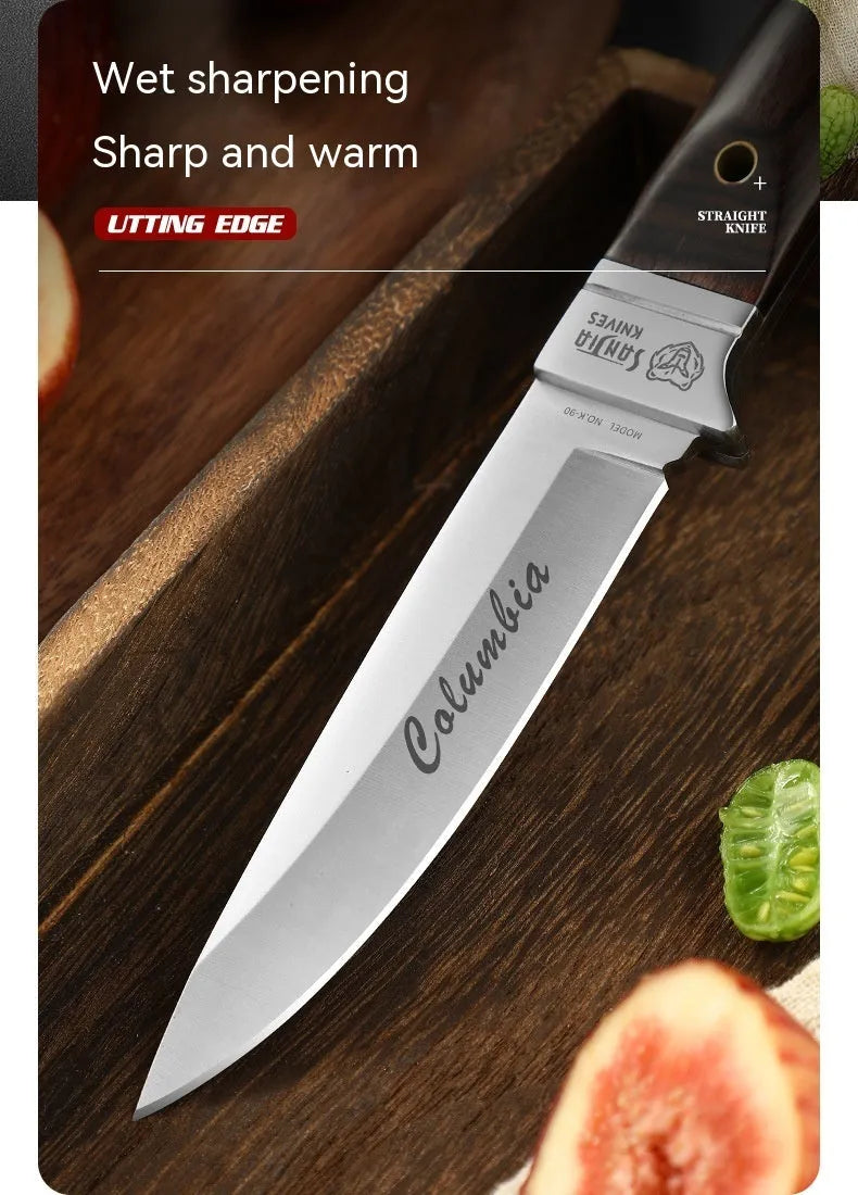 Camping portable fruit knife with leather case showing stainless steel blade and national style design