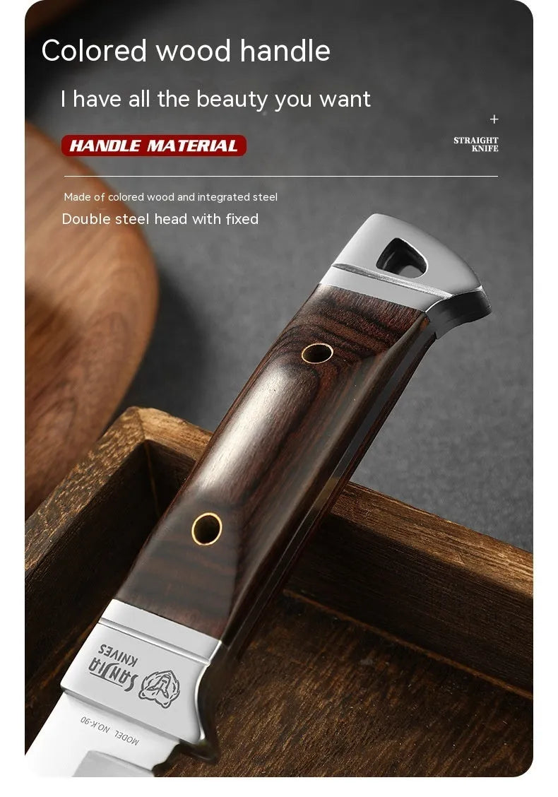 Camping portable fruit knife with leather case showing stainless steel blade and national style design