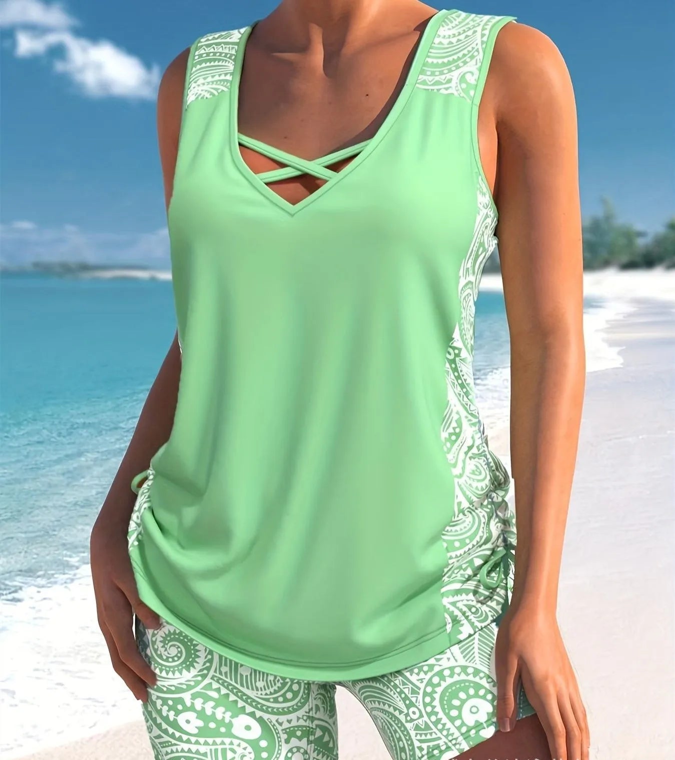 Women's printed two-piece swimsuit set featuring a top and split boxer shorts.