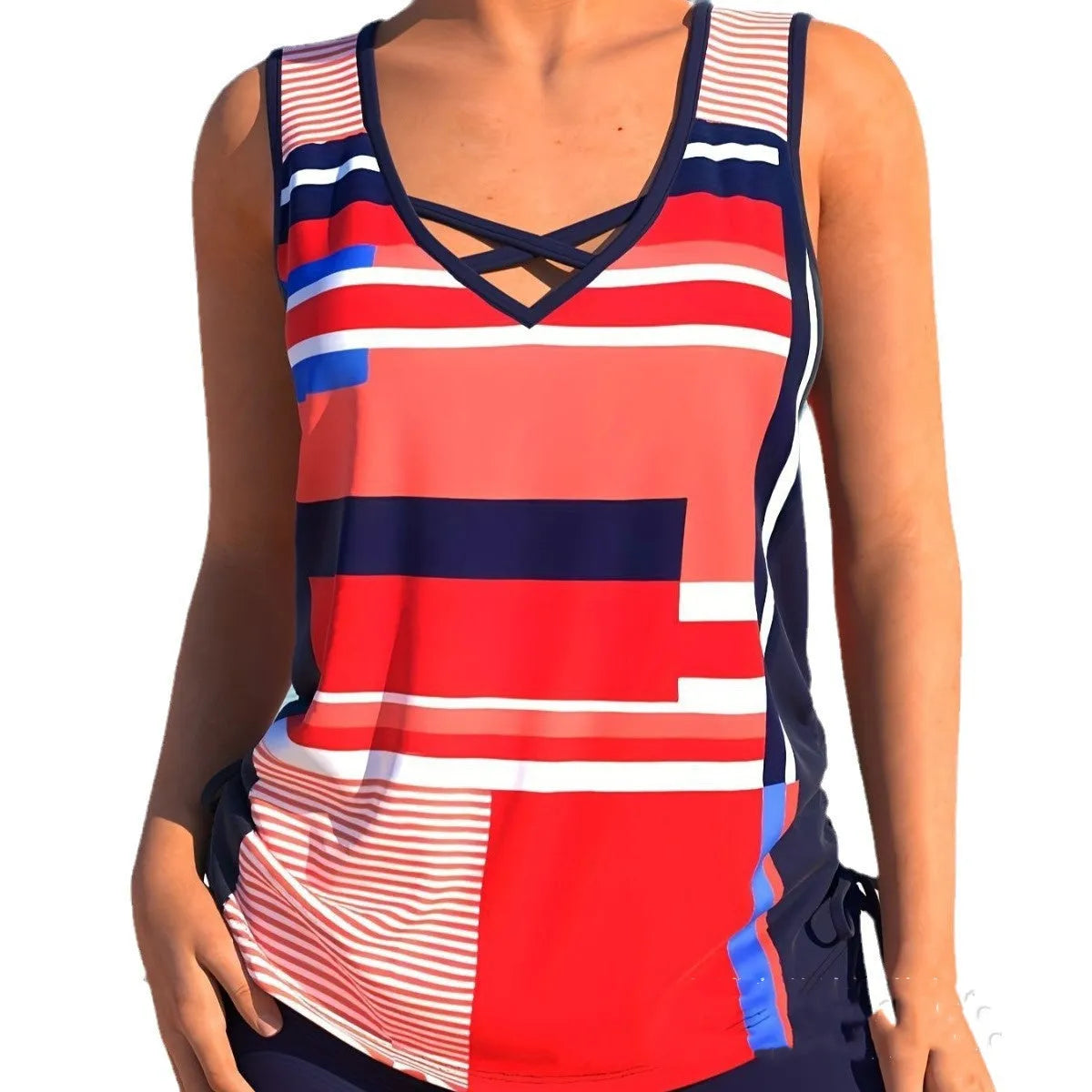 Women's printed two-piece swimsuit set featuring a top and split boxer shorts.
