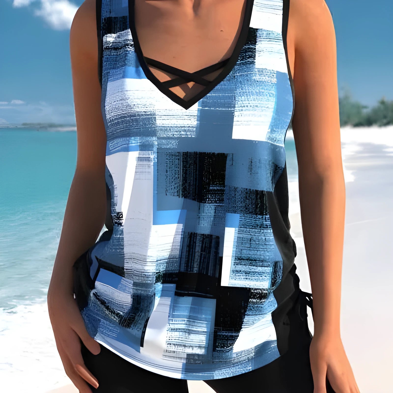 Women's printed two-piece swimsuit set featuring a top and split boxer shorts.