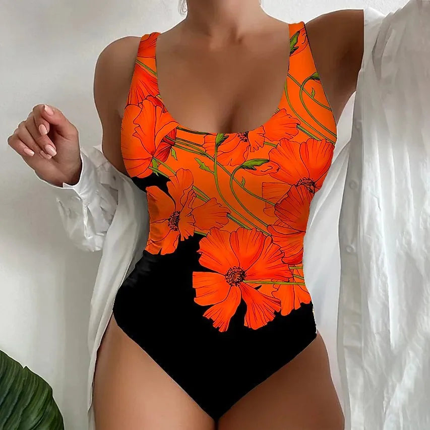 Women's tight one-piece swimsuit with 3D printed pattern in orange red, sky blue, or purple colours