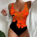 Women's tight one-piece swimsuit with 3D printed pattern in orange red, sky blue, or purple colours