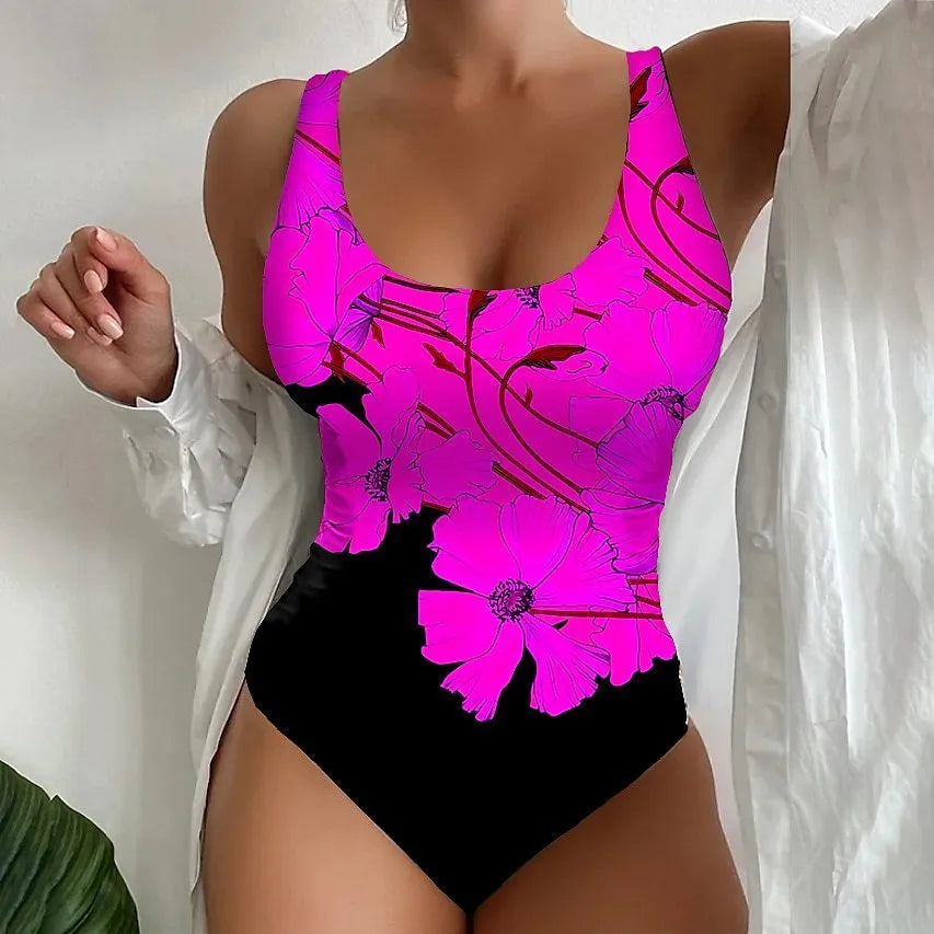 Women's tight one-piece swimsuit with 3D printed pattern in orange red, sky blue, or purple colours