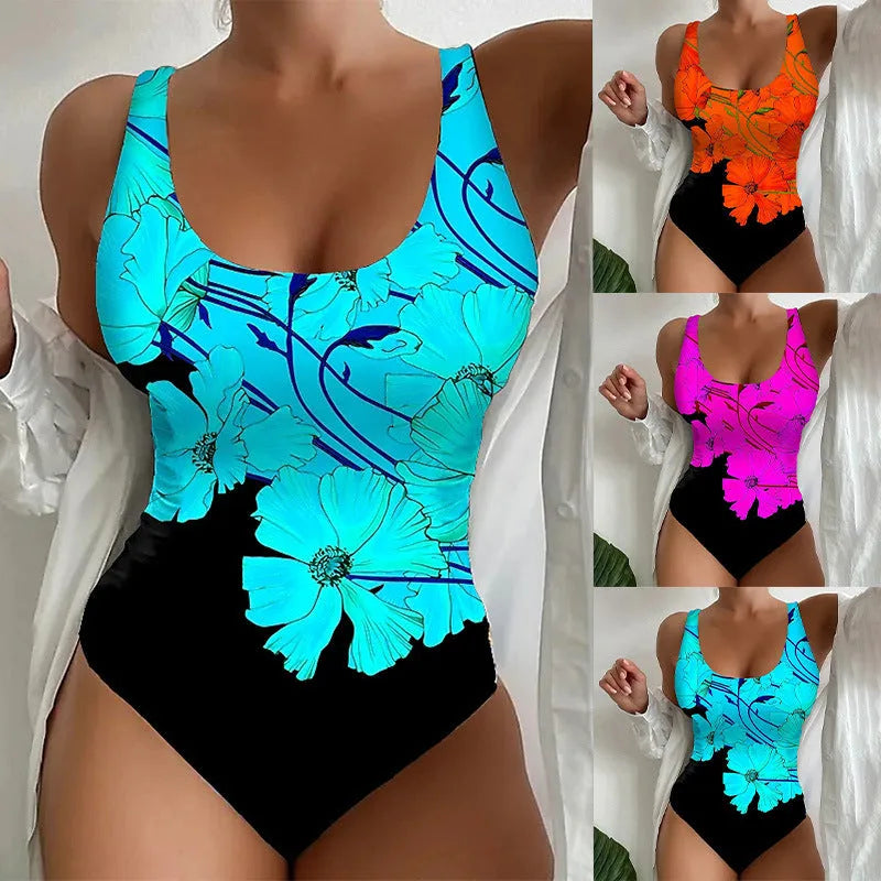 Women's tight one-piece swimsuit with 3D printed pattern in orange red, sky blue, or purple colours