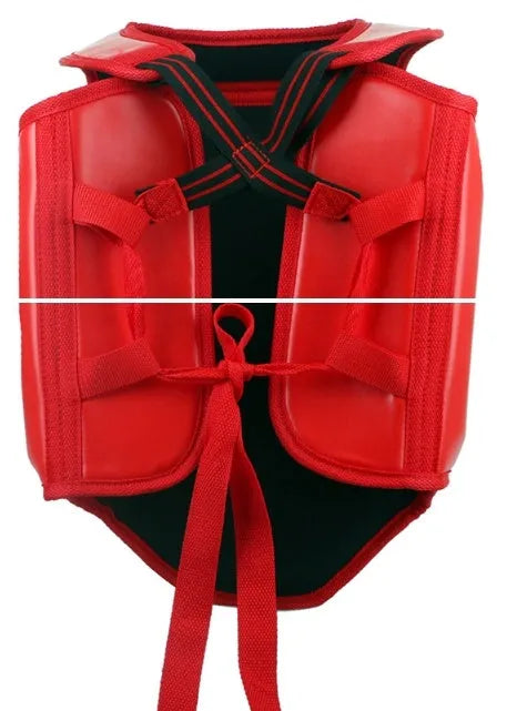 Red boxing helmet with one-piece chest protector for fighting training