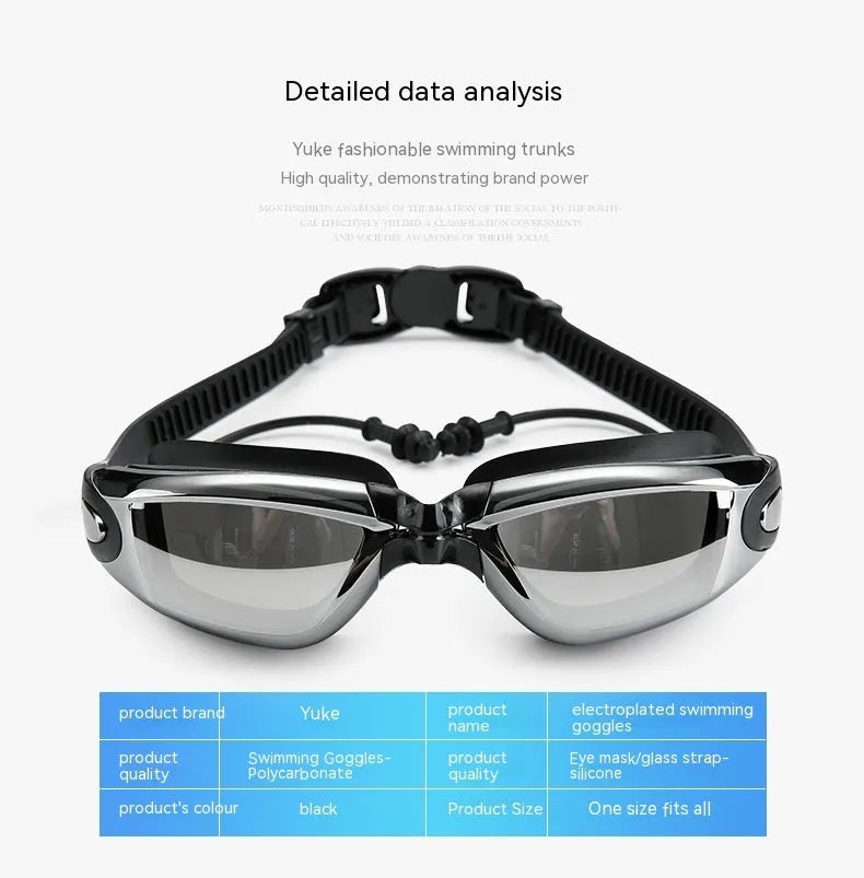 Men's black polyester swimming set with anti-fog goggles, waterproof cap, ear plugs, and swim bag