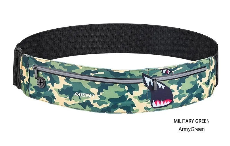Unisex 8-inch waterproof waist bag in camouflage crocodile pattern, made from Chinlon Lycra.