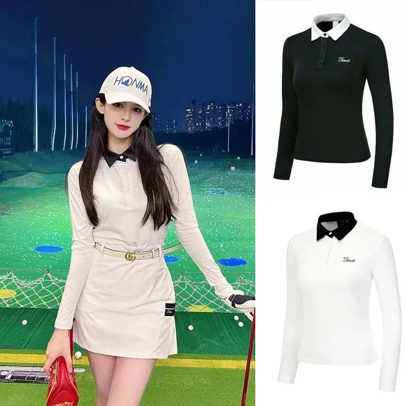 Women's long sleeve golf top in black with slim athletic fit for outdoor sports sun protection