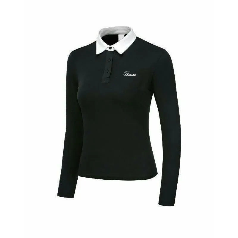Women's long sleeve golf top in black with slim athletic fit for outdoor sports sun protection